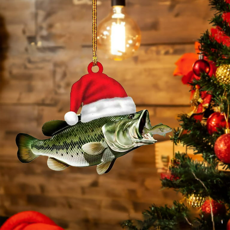 Keusn Personalized Green Bass Fish Largemouth Flat 2D Christmas Ornaments Tree Decorations Rear View Mirror Accessories Mini Christmas Ornaments