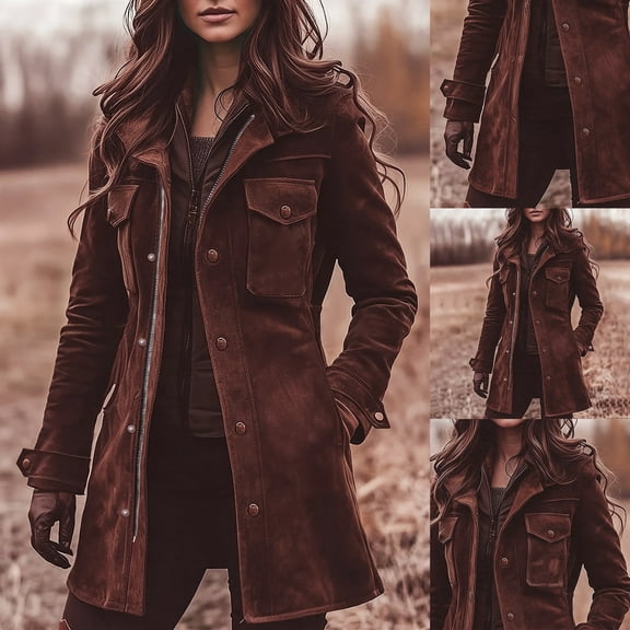 Women's Vintage Suede Lapel Coat, Mid Length Retro Jacket, Casual Long Sleeve Overcoat, Faux Suede Outerwear, Classic Camping Style Jacket with Pocket Brown L