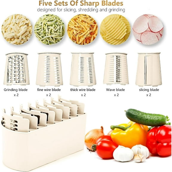 Rotary Cheese Grater with 5 Blades, Vegetable Shredder with Suction Base for Fruits Vegetables Nuts