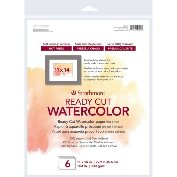 Strathmore 500 Series Ready Cut Watercolor Paper Pack, Hot Press, 11x14 inch, 6 Sheets
