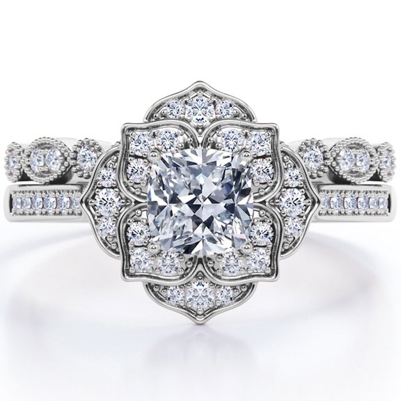 JeenMata Art Deco Milgrain Filigree - 1.75 Carat Cushion Moissanite - Vintage Cluster - Pave Channel Bridal Ring Set - 18K White Gold Plating Over Silver