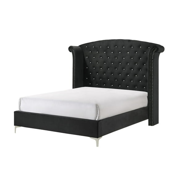 Modern Glamourous Style 1pc Queen Size Wingback Headboard Bed Black Velvet Fabric Upholstery Bedroom Furniture