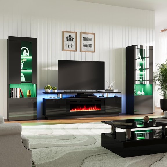 PLAUIN Entertainment Center with Fireplace and Bookcases, 70" TV Stand with 36" Fireplace, Black