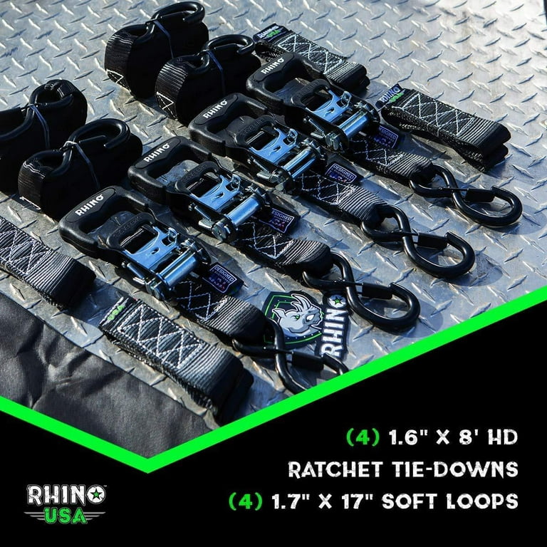  RHINO USA Ratchet Straps Tie Down Kit for ATV, 5,208 Break  Strength - Includes (4) Heavy Duty Rachet Tiedowns with Padded Handles &  Coated Chromoly S Hooks + (4) Soft Loop