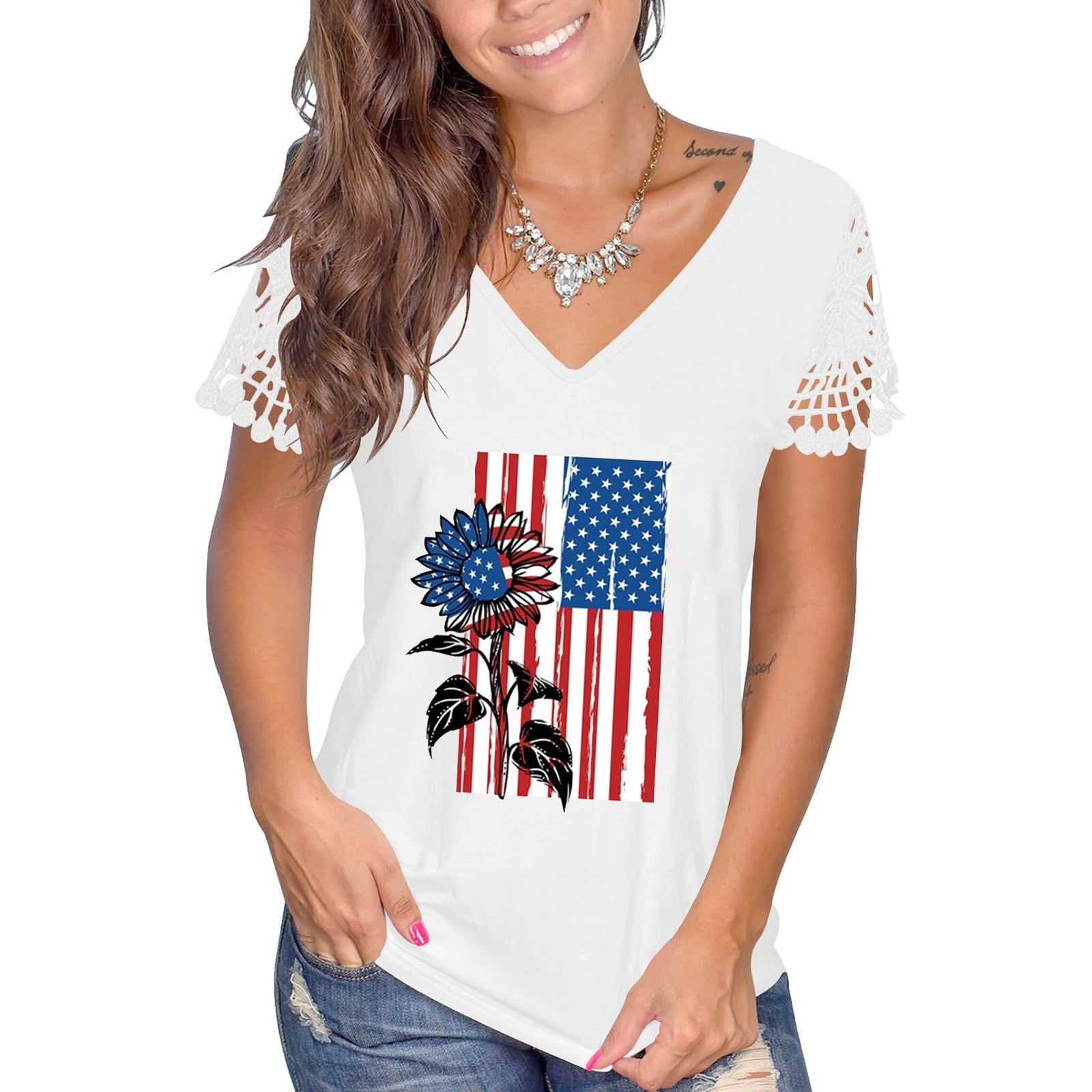 OAVQHLG3B 4th of July Outfits for Women American Flag T Shirt Short Sleeve  V-Neck Flag Printed Casual T-shirt Tops Blouse