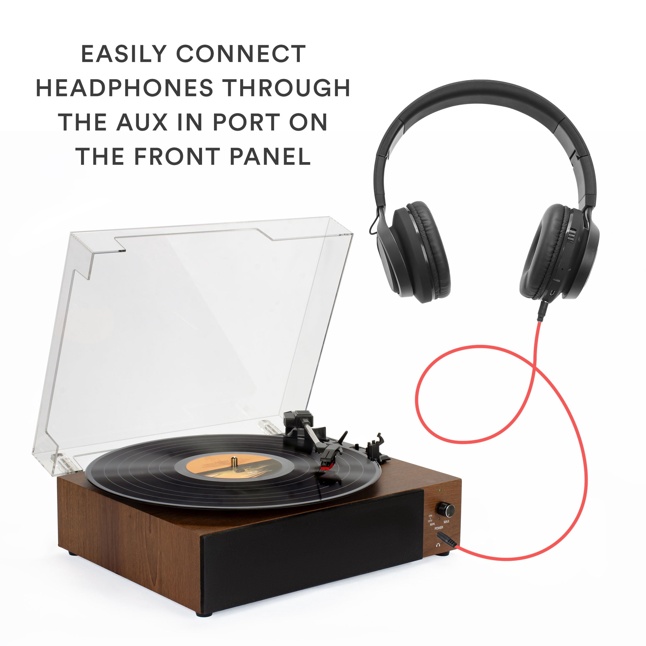 Core Innovations Wireless Bluetooth Turntable, 3-Speed Vinyl Record Player with Built-In Speakers, Wood Finish & Clear Dust Cover