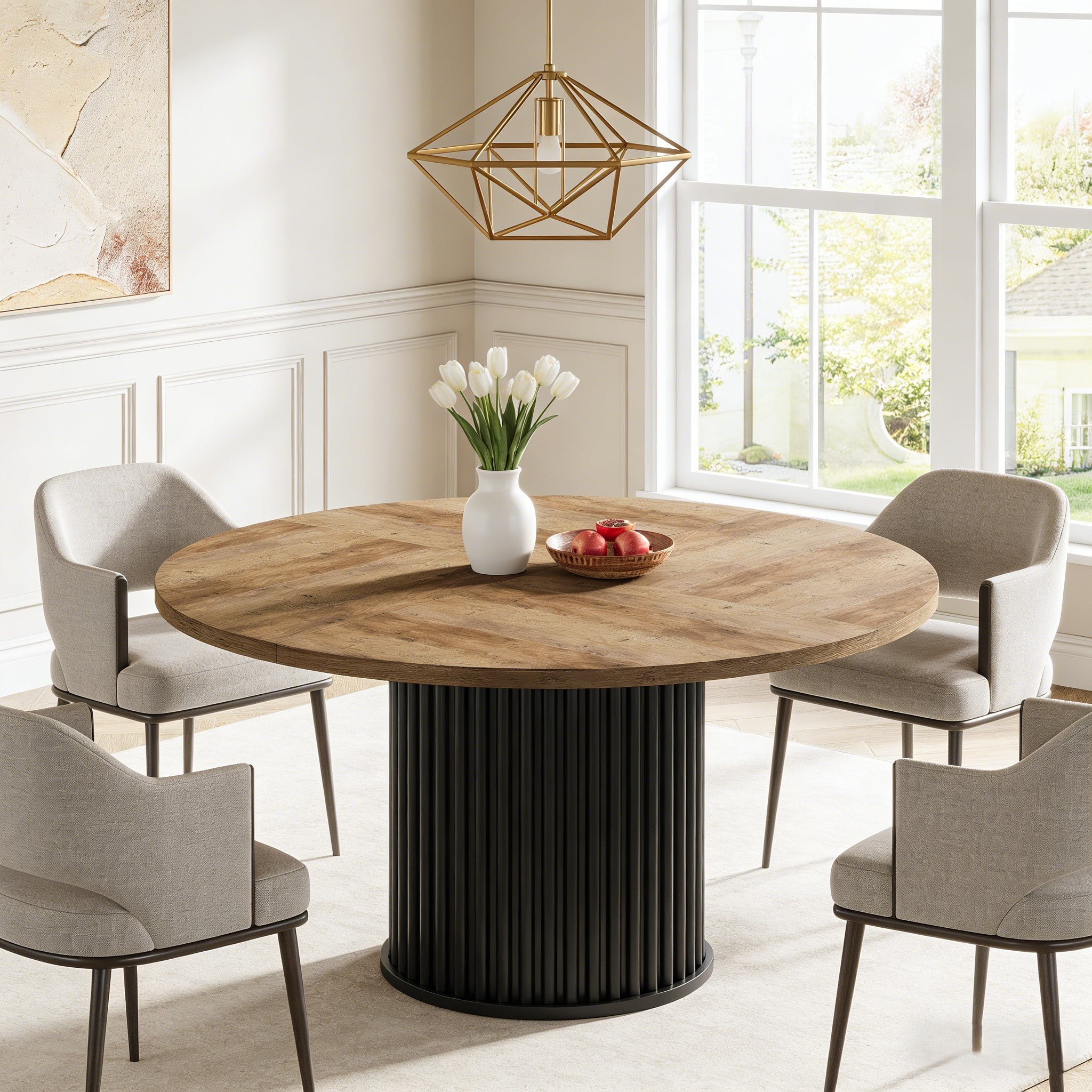 Fnova 47.24" Round Dining Table, Wood Coffee Table for 4 People, Modern Farmhouse Kitchen Table for Dining Room (Chairs Not Included)