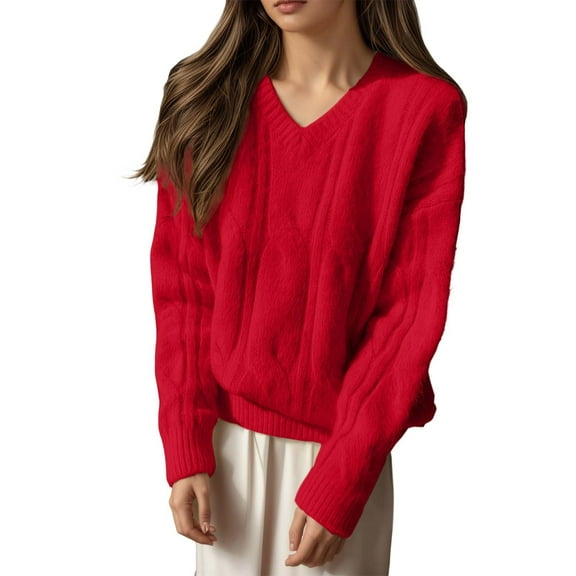 DuoJiaJ Soft Knit Sweater Oversized Pullover Cozy Yarn Top Casual Comfortable Winter Fall Fashion Womens Warm Sweaters Red One Size