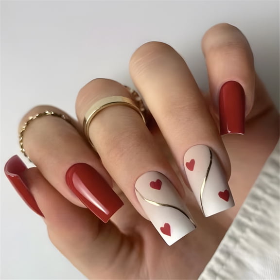 24 Pcs Square False Nails Heart on Nails Golden Stripes Artificial Nails Valentines Day for Party