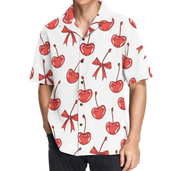 joogoo Men's Hawaiian Shirt Cherry and Bows Short Sleeve Casual Button Down Shirts M