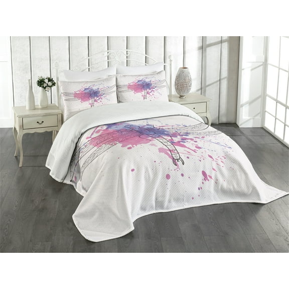 Ambesonne Street Quilted Bedspread Set 3 Pcs, Grunge Moth Dragonfly, Queen Size, Black White and Purple