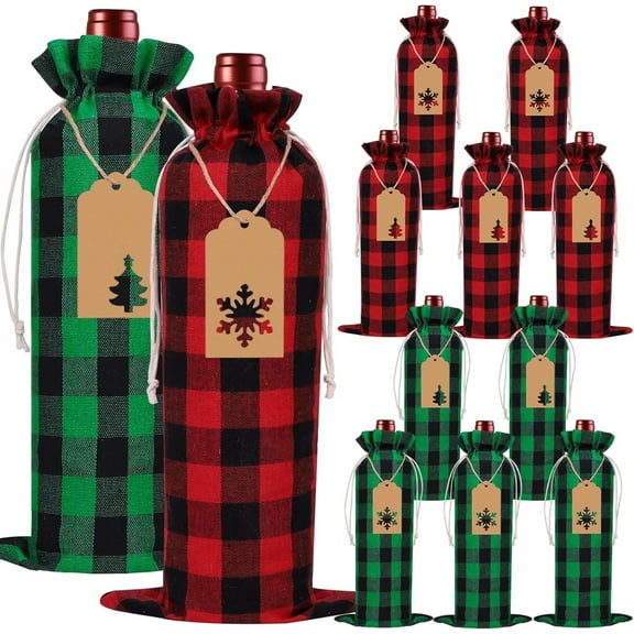 FUNING 12pcs Christmas Wine Burlap Bags, Christmas Wine Bags Classic Buffalo Plaid Wine Bottle Bags Reusable Burlap Xmas Wine Bottle Covers Clothes for Christmas New Year Wedding Holiday Parties