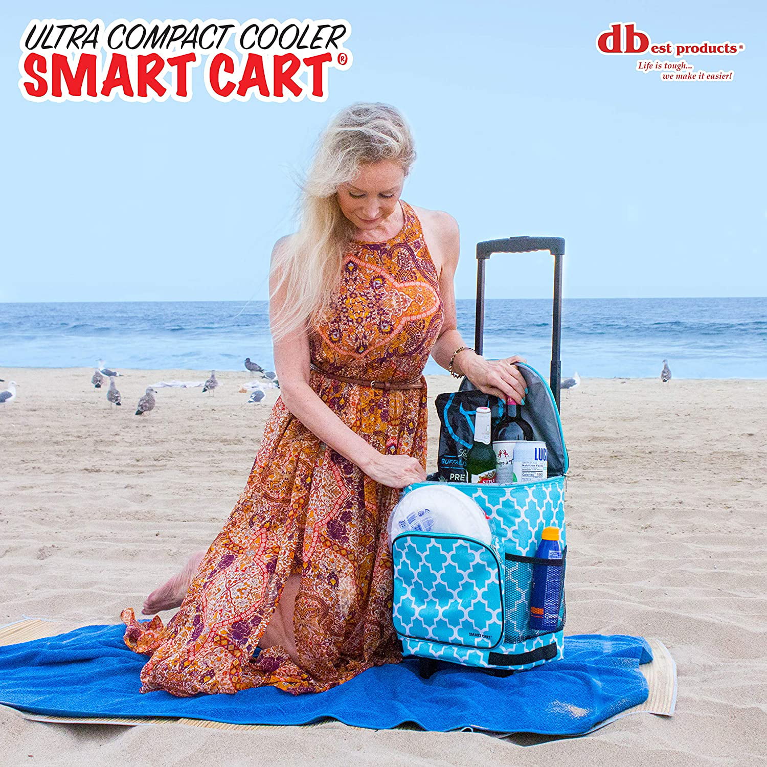 dbest products Ultra Compact Cooler Smart Cart, Moroccan Tile Insulated  Collapsible Rolling Tailgate BBQ Beach Summer