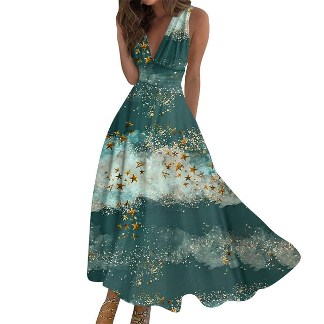 Robe Fleurie, Robe Maxi de Plage Bohème à Fleurs pour Femme à Col en V Sans Manches avec Volants, Robes Longues de Plage Décontractées et Formelles Sans Manches à Imprimé Floral