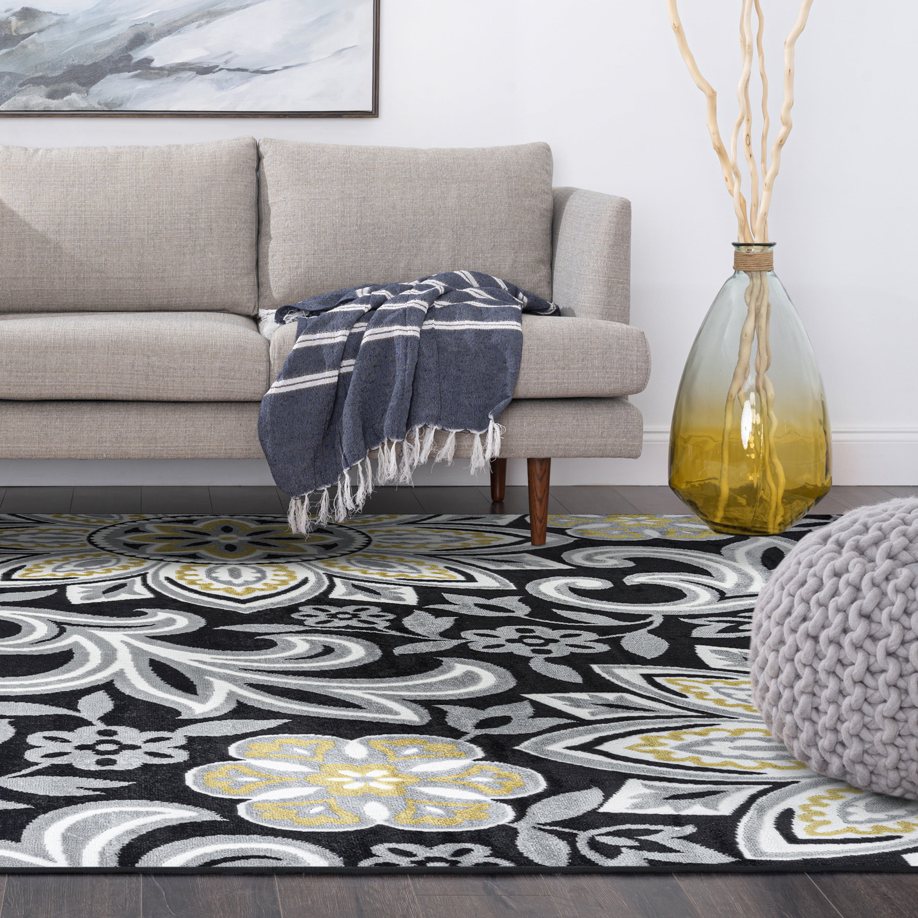 Transitional 5x8 Area Rug (5'3'' x 7'3'') Floral Yellow, Charcoal Living Room Easy to Clean