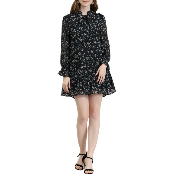 INSPIRE CHIC Inspired Women's Ruffle Tie Neck Casual Loose Shift Floral Dress S Blacks