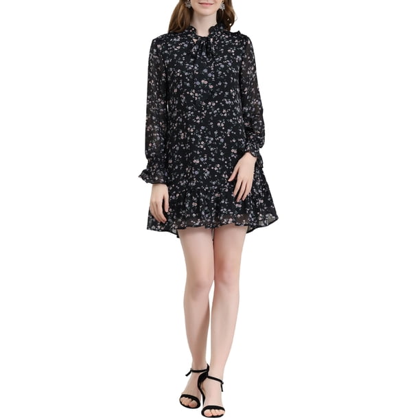 VESTIDO FLORAL SUELTO CON VOLANTES Y NUDO EN EL CUELLO PARA MUJERES INSPIRADO EN CHIC S NEGRO