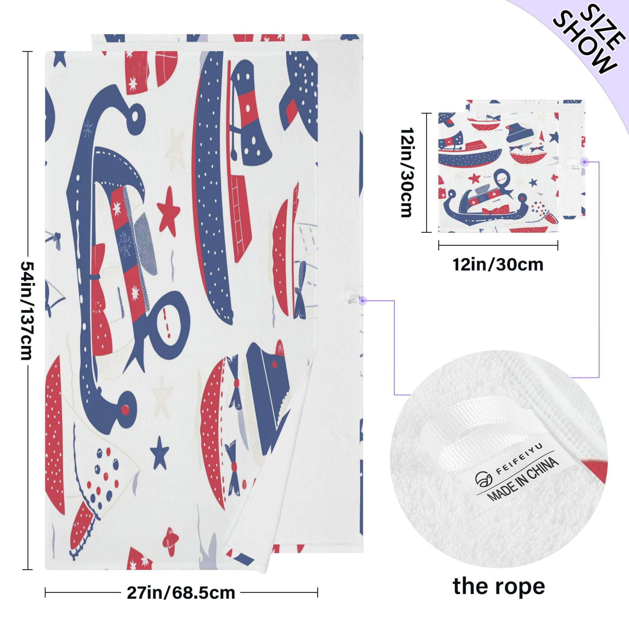 Nautical Pattern 2 Piece Cotton Bath and Face Towel Set Soft and Absorbent, for Beach Pool Bathroom