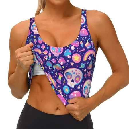 Qokaie Skull mushroom rainbow Pattern Womens Scoop Neck Sports Bra Breathable Workout Vest Padded U Back Medium Impact Fitness Gym Yoga Bra Workout Crop Top