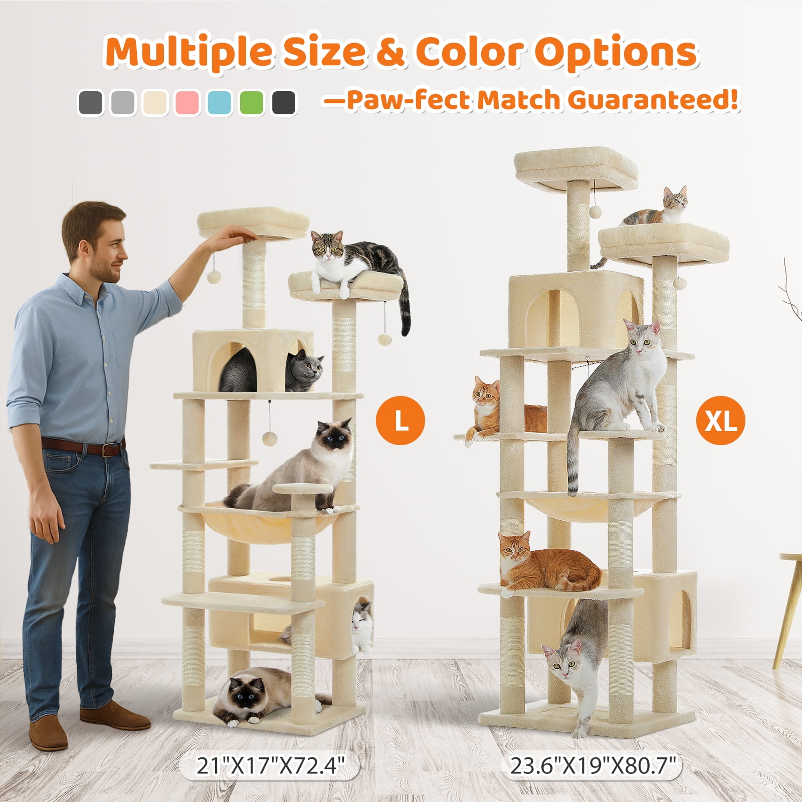 Pefilos 81" Tall Cat Tree for Large Cats, Heavy Duty Cat Tower with 2 Perches, 2 Condos and Spacious Hammock, Large Condo with 7 Scratching Posts, Beige