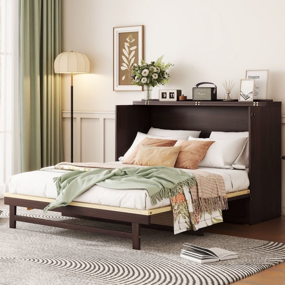Noble House Queen Murphy Bed, Pine Wood Frame with Rattan Panel, Storage Drawer & Fold-Out Platform, Espresso