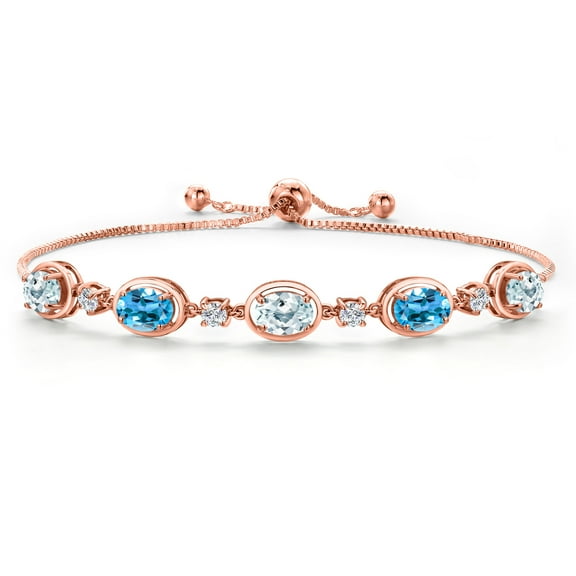 18K Rose Gold Plated Silver Sky Blue Aquamarine and Swiss Blue Topaz and Moissanite Tennis Bracelet for Women | 4.25 Cttw | Gemstone March Birthstone | Oval 7X5MM | Fully Adjustable 10 inch