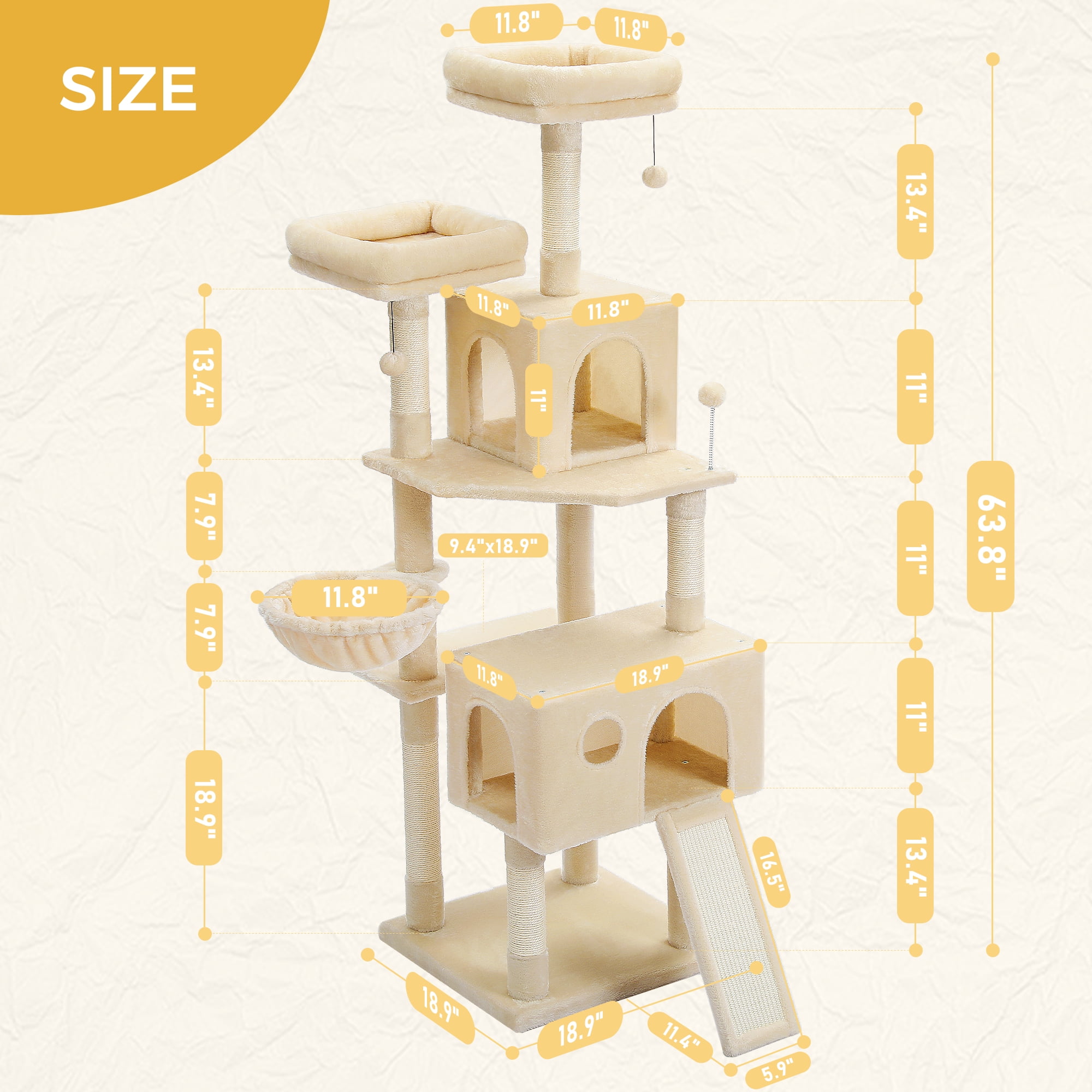 PAWZ Road 64" Cat Tree Tower Large Scratching Posts Tower for Bigger Cats,Beige