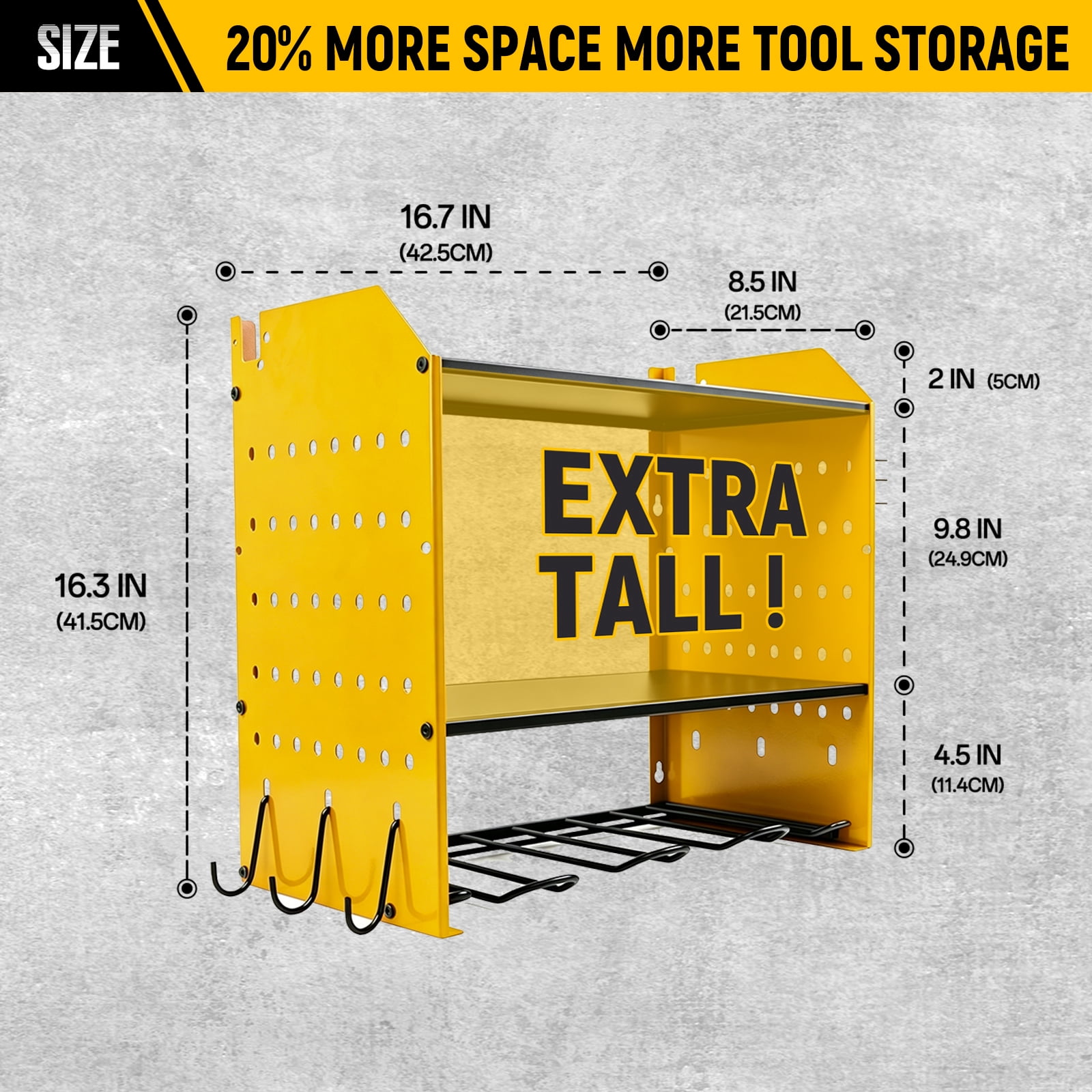 Power Tool Organizer Wall Mount, 4-Layer Drill Storage Shelf with Hooks,Screwdriver,Drill Bit Heavy Duty Rack Yellow