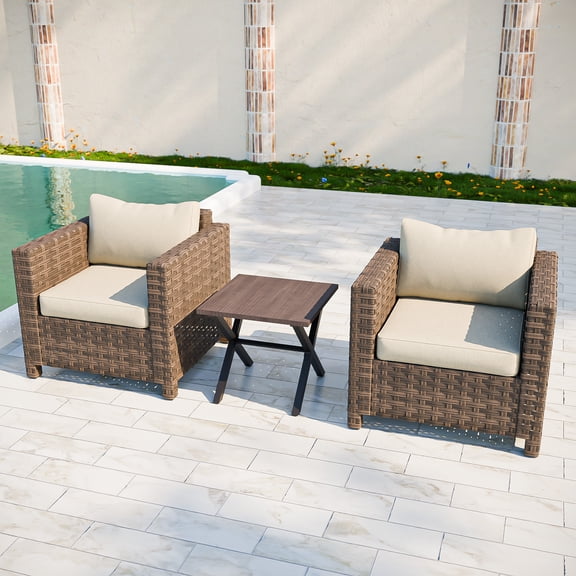 INTER HUT Coastal Haven 3 Pieces Patio Wicker Furniture Set, Outdoor Wicker Chairs with Side Table, All-Weather Patio Set with Cushions and Wide Wicker