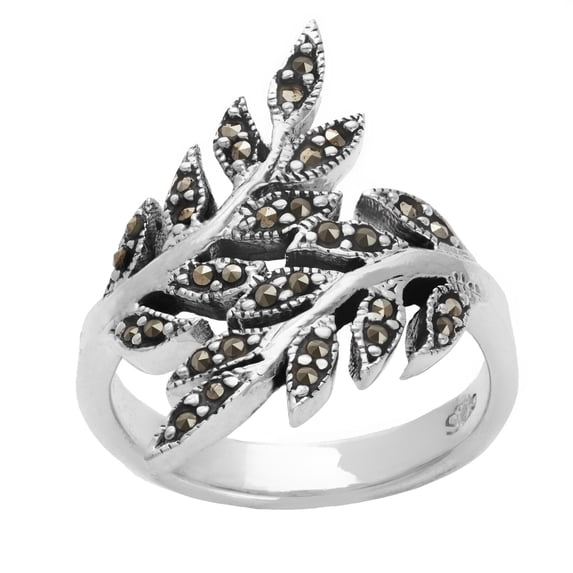 Silver Women's 925 Sterling Silver Oxidized Simulated Marcasite Overlapping Leaf Branch Ring