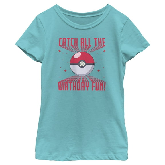 Girl's Pokemon Catch all the Birthday Fun Graphic Tee Tahiti Blue X Large