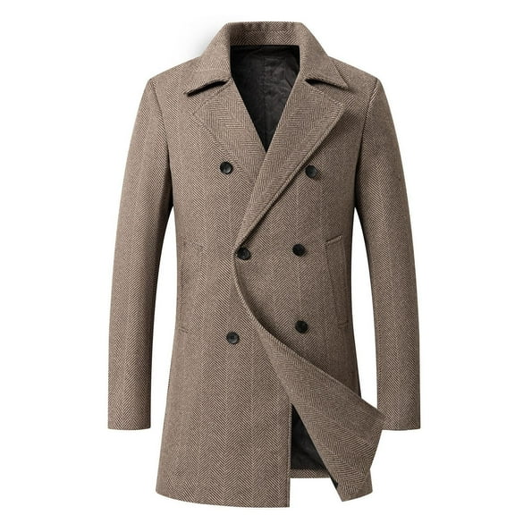 IROINNID Men's Trench coat V-Neck Notch Lapel Long Sleeve Solid Color Casual Autumn And Winter Business Woolen Coat Double Breasted Lapel Mid Length Coat