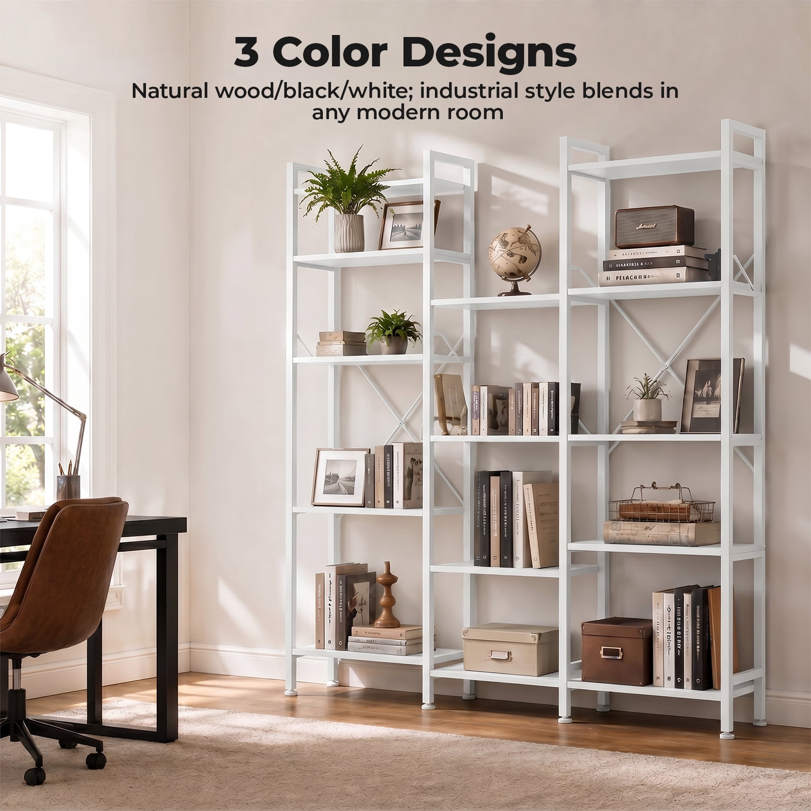 Alvantor Three Columns and Four Layers Bookshelf, Wide Bookcase with 11 Open Display Shelves, Adjustable Storage Shelf for Home & Office