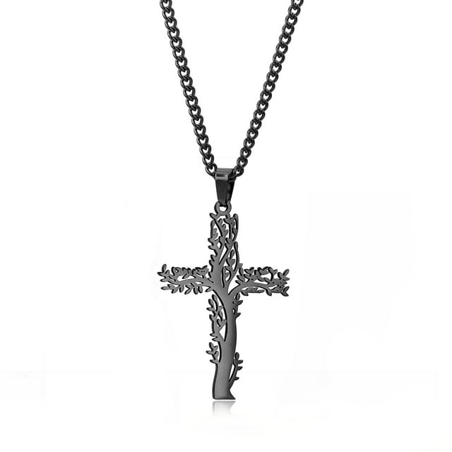 Zhuge Collar con colgante de árbol de la vida para hombres y mujeres, collar con cruz de árbol de la vida para hombres y mujeres, colgante de acero de titanio personalizado (negro)