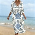 thumbnail image 4 of QUNYINEY Vintage Womens Dresses Summer Beach 3/4 Sleeve Midi A Line Dress Loose Fit V Neck Vacation Dresses, 4 of 6
