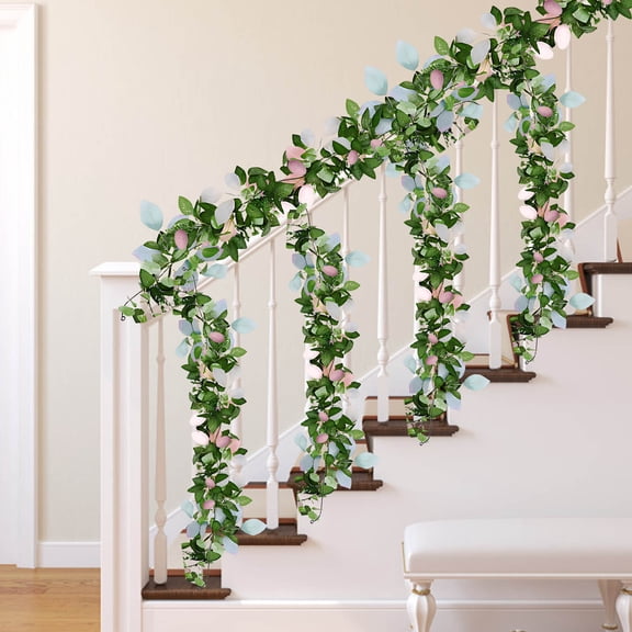 SHENGXINY Easter Garland,Simulation Rattan & Easter Eggs,Home Window Decor,Green Plants Wall Hanging Decoration green 71in