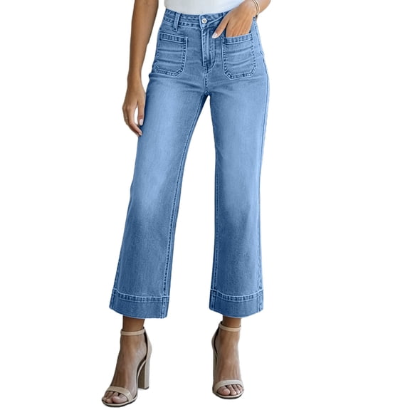 Ruimatai Women's Cropped Flare Jeans Button Fly High Waist Patch Pocket Stretch Ankle Denim Casual Trousers