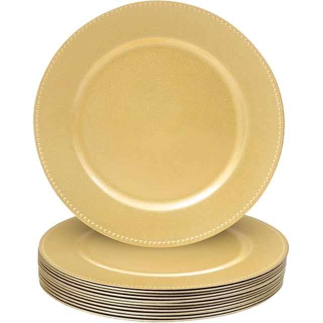 Juego de 12 Cargadores Dorados de 13 Pulgadas, Redondos Con Borde de Abalorio, de Plástico Para Platos de Cena, Bodas y Fiestas