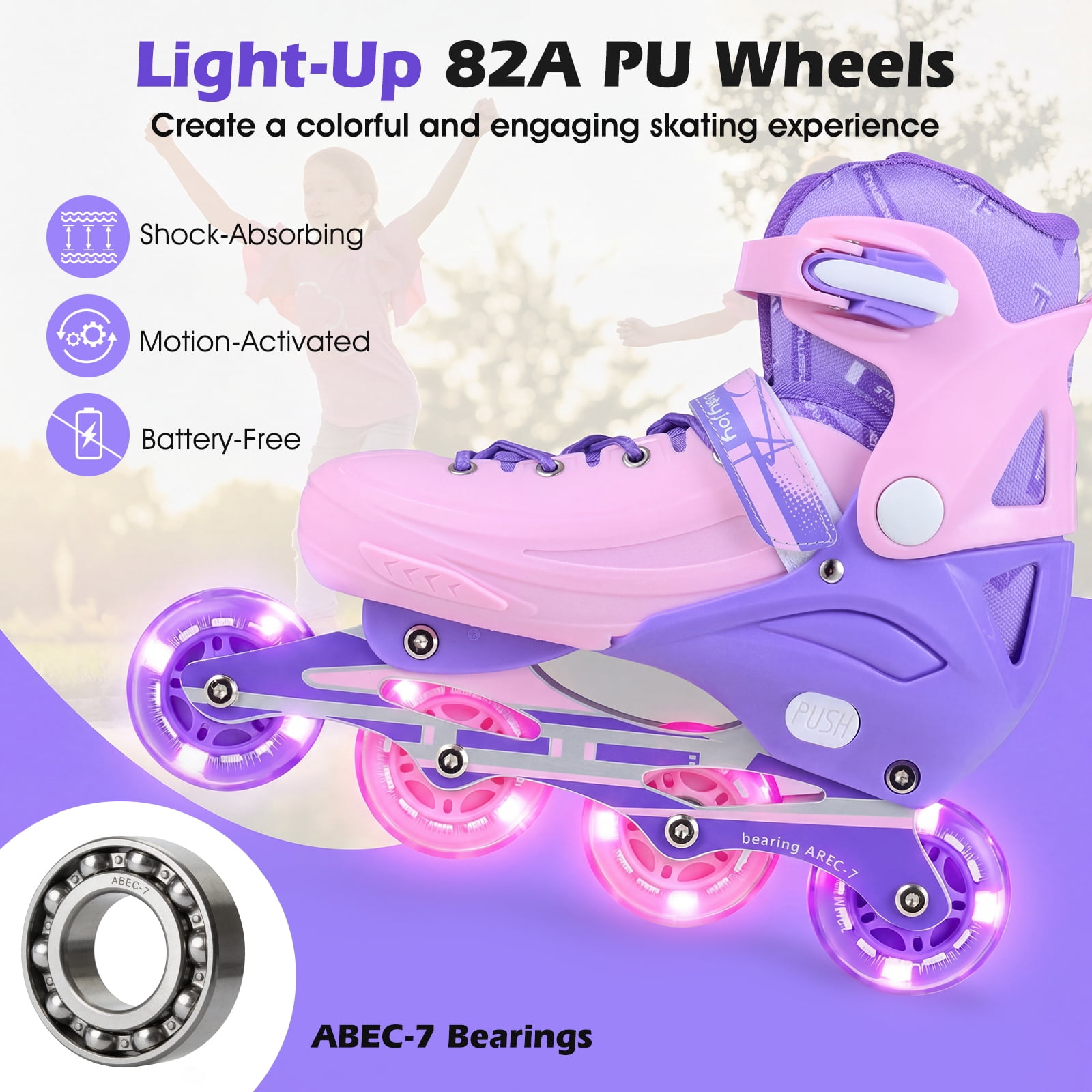 Babyjoy 4-Size Adjustable Light-Up Roller Skates with Illuminating Wheels & Safety Support Purple