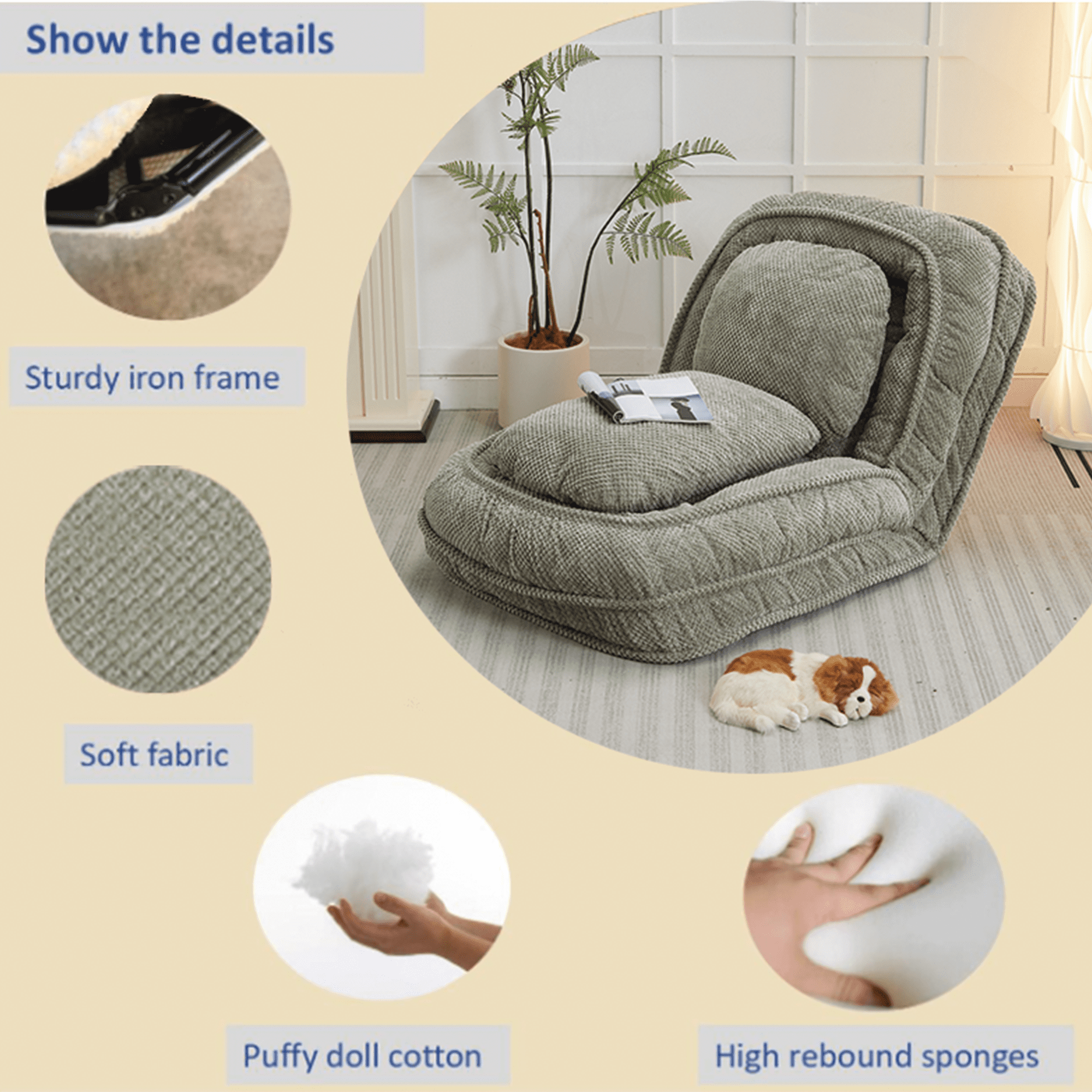 Multi-Gear Floor Sofa Chair 90-180 Degree Adjustable 69.27x34.65x10.63 Inch for Living Room Bed Pet