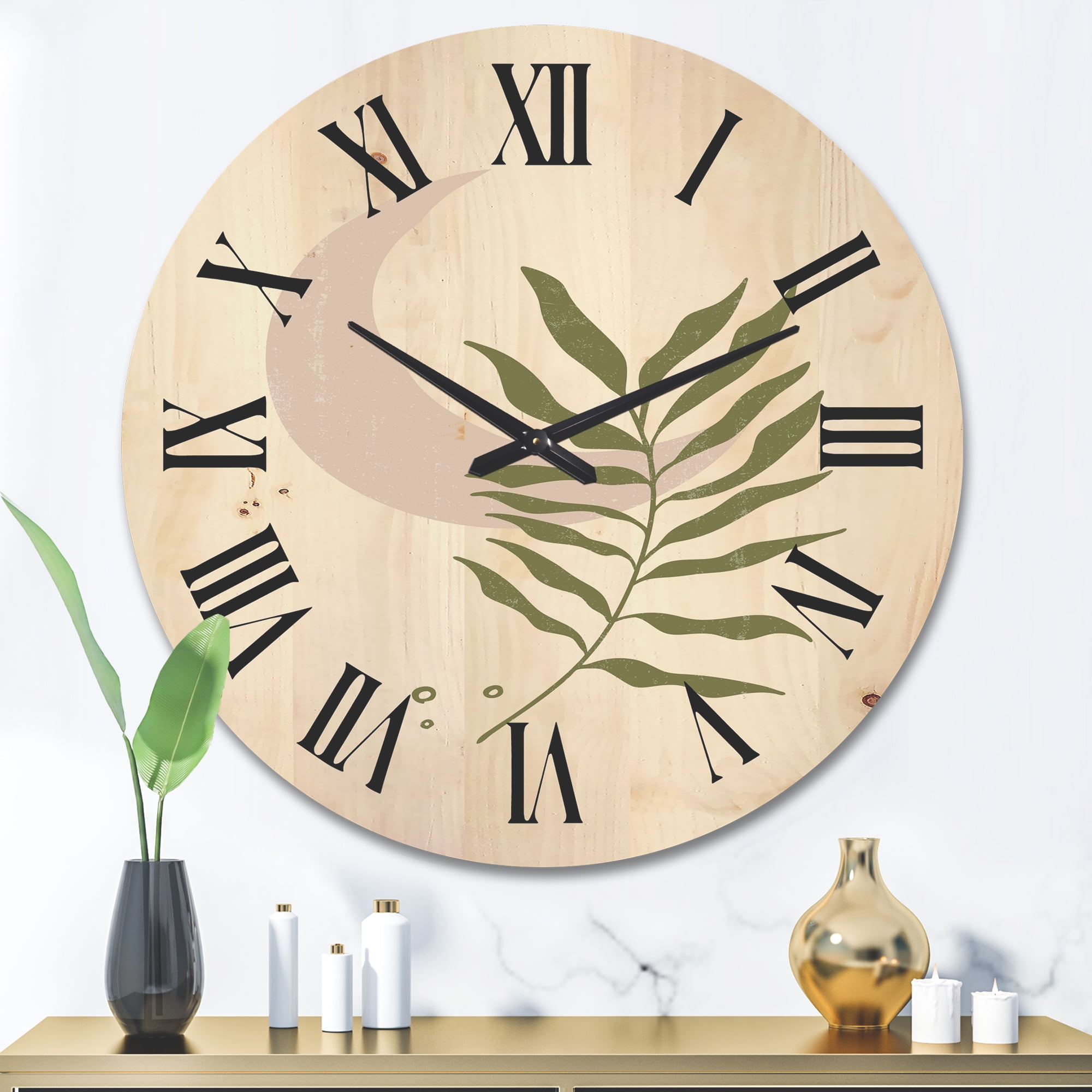 Designart 'Abstract Geometrical Leaf With Moon II' Modern Wood Wall Clock