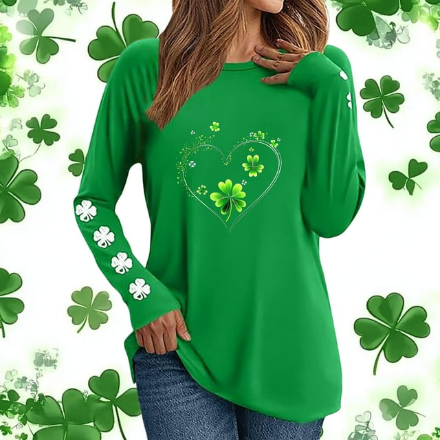 Xuyuer St. Patrick's Day Sweatshirt Women Shamrock Heart Shirts Irish Gift Crewneck Casual Loose Fit Tops
