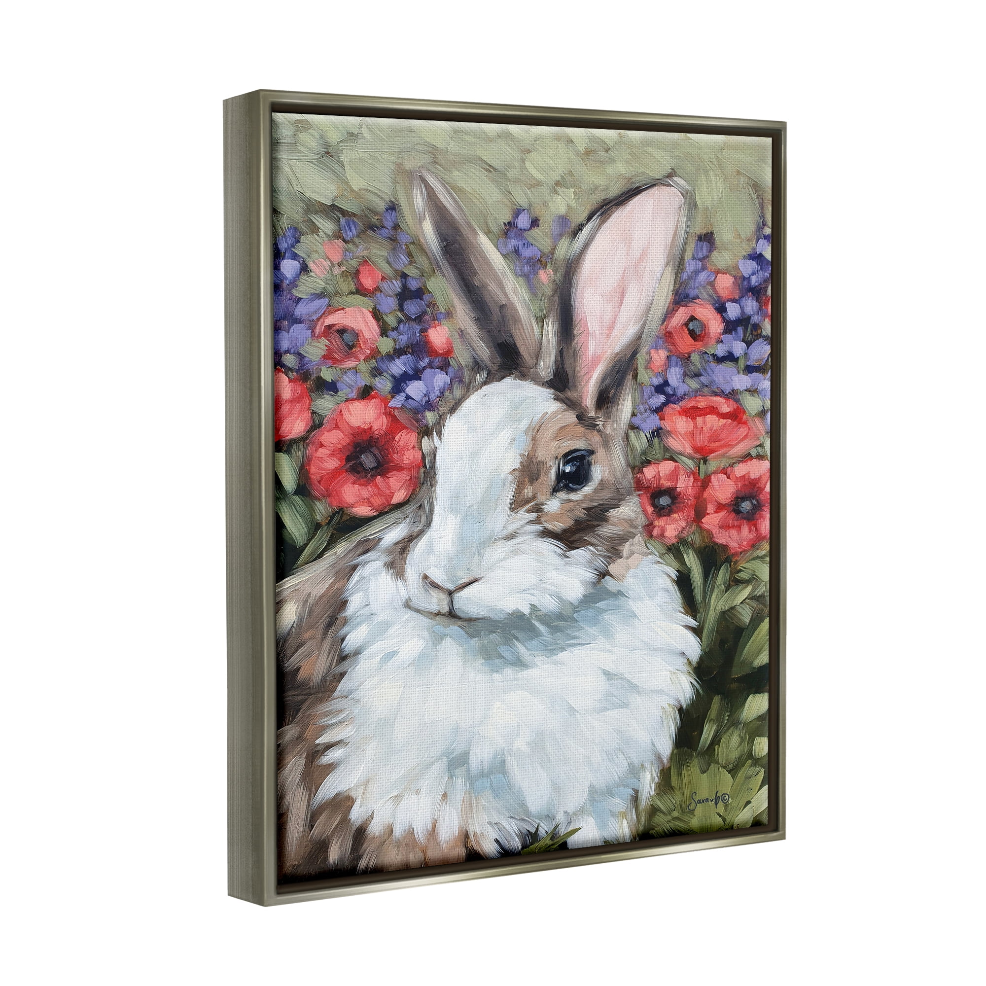 Stupell Rabbit Flower Meadow Nature Animals & Insects Painting Gray Floater Framed Art Print Wall Art