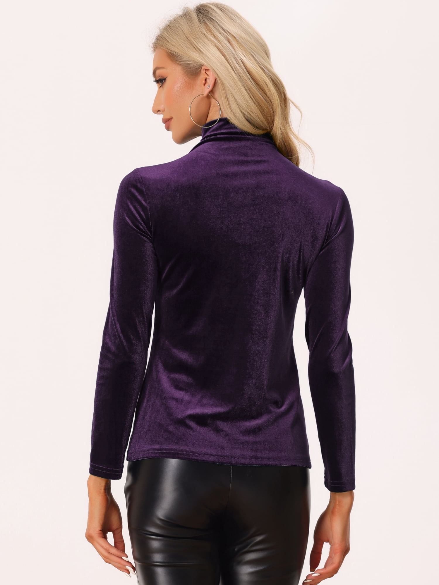 DARING DIVA Turtleneck Stretchy Velvet Basic Blouse L Purple