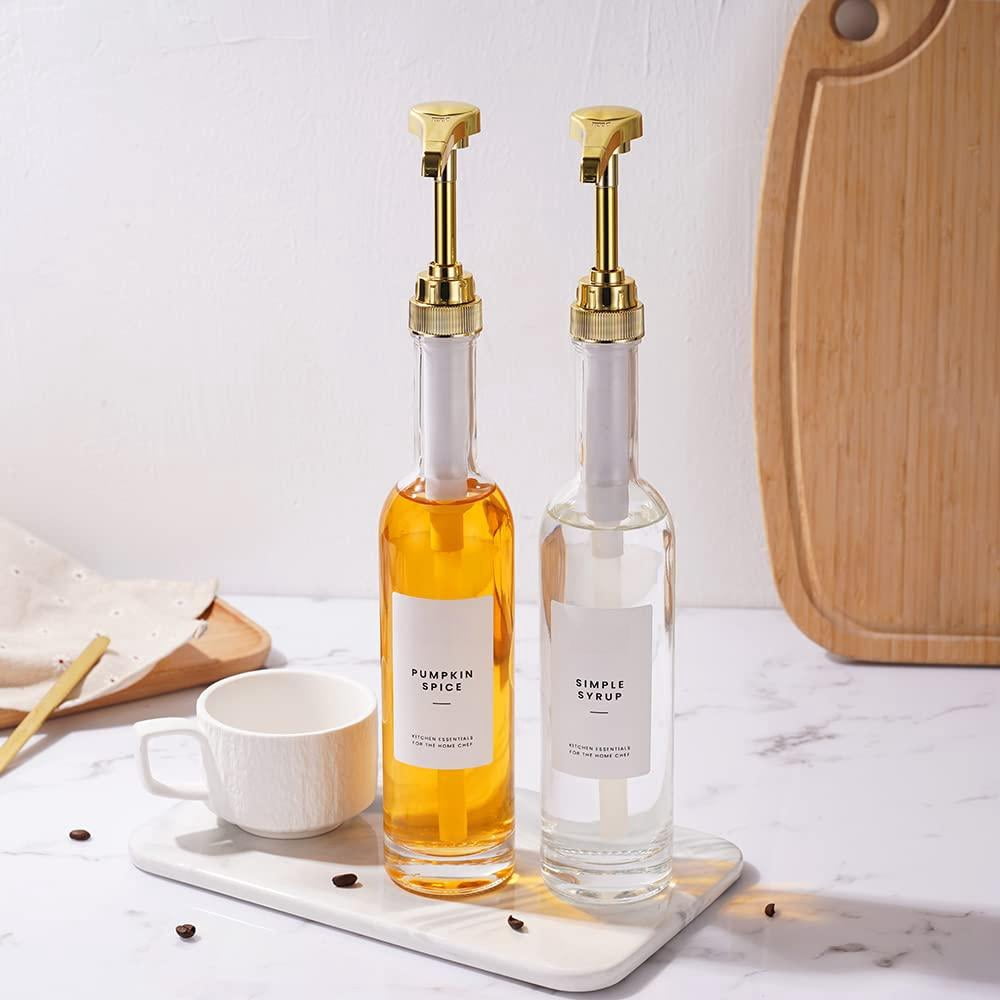Coffee Syrup Dispenser For Bar  350mlcoffee Pump Glass Bottle W. Pumps Simple Labels Set Of 2 (gold)