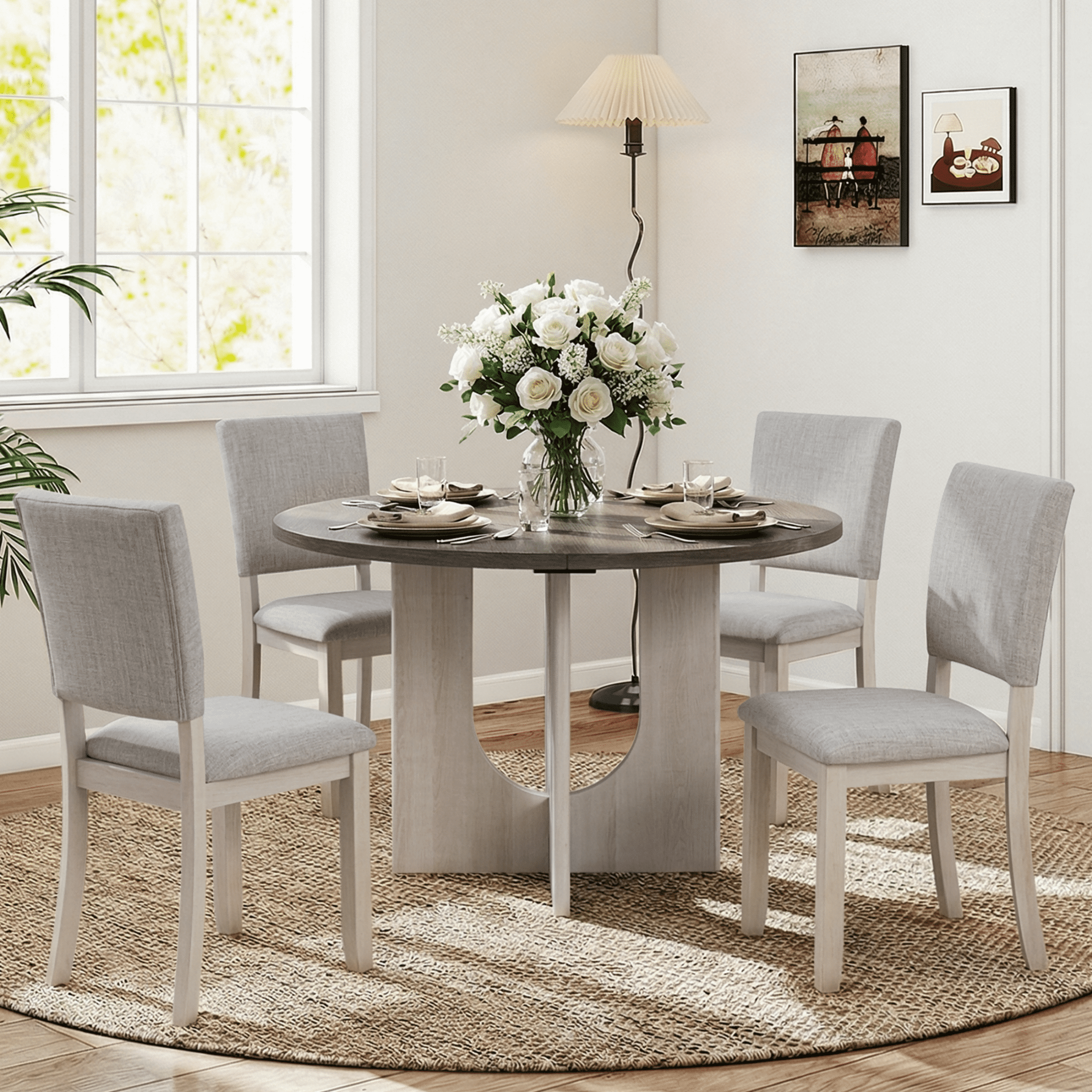 Aukfa Farmhouse Wood Light Gray Upholstered Round Dining Set, 5-Piece