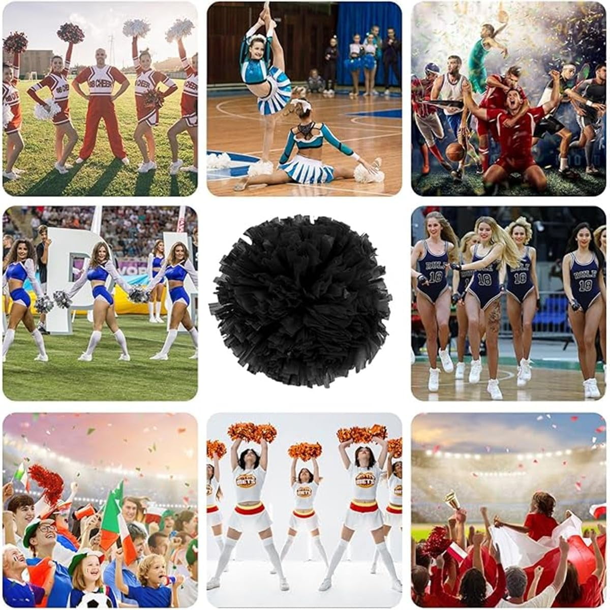 EONQY Cheerleading Pom Poms, 20 Pack Cheerleader Pom poms with Baton Handle, Cheering Squad Pompoms for School Dance Sports Team Spirit (Black)