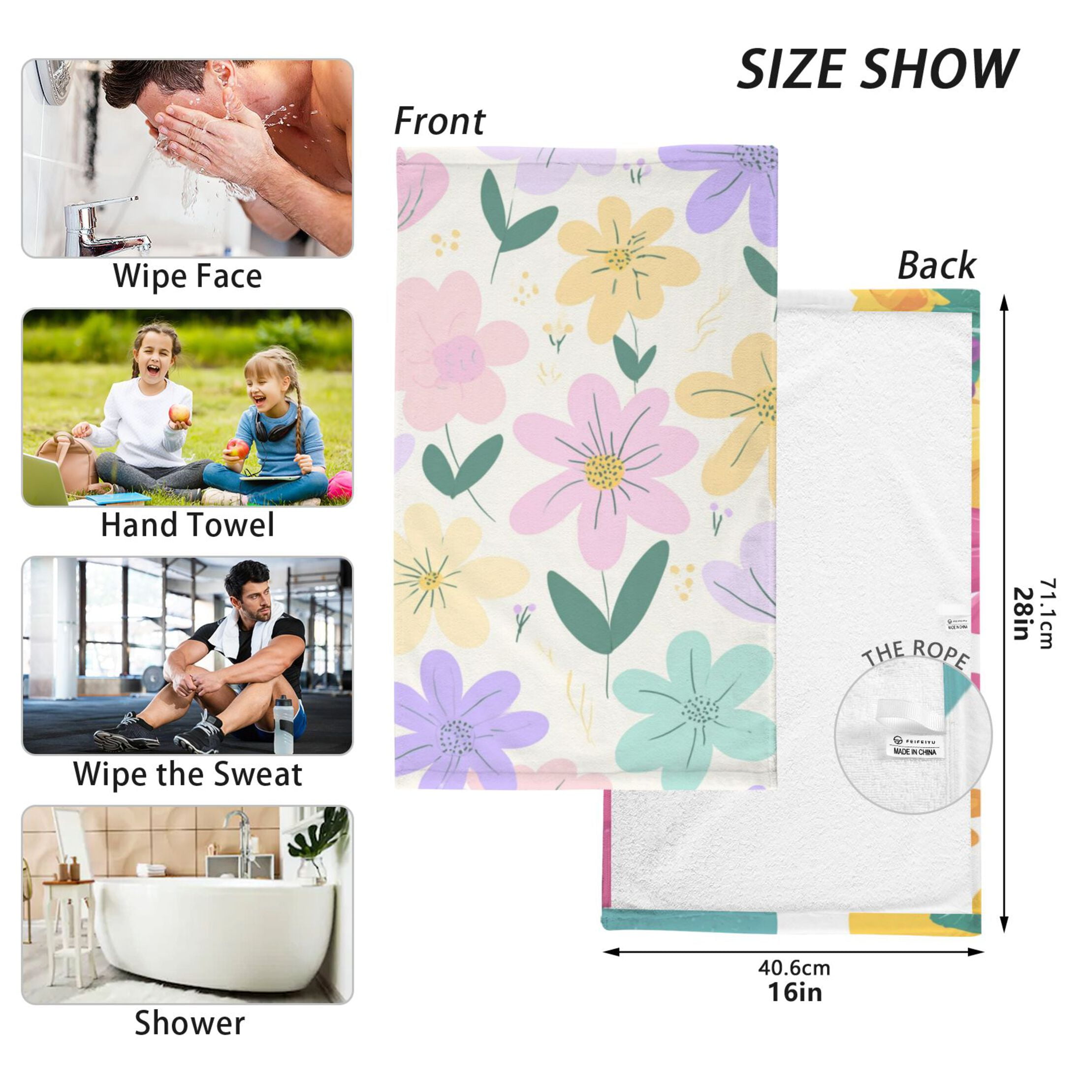 2-Pack Soft 100% Cotton & Highly Absorbent Bath Towel 2 Defferent Pattern Designs Colorful Fowers Colorful Spring Flowers