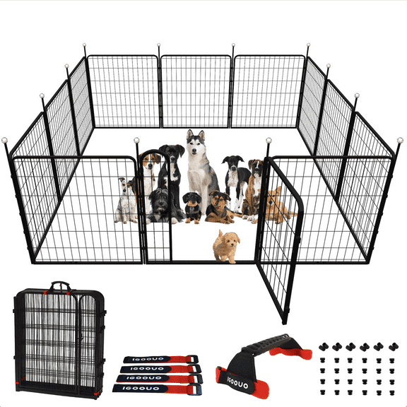 IGOOUO Dog Playpen Indoor/Outdoor,12 Panels 32'' Height Portable Metal Dog Fence with Easy-Carry Straps for Medium and Large Dogs,Pet Playpen for RV Camping Yard Patio