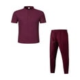 thumbnail image 4 of Men's Short Sleeve Outfits Waffle Knit Henley Shirt and Long Pants Set Casual 2 Pieces Summer Beach Tracksuits with Pockets Big and Tall Size S-3XL Wine, 4 of 5